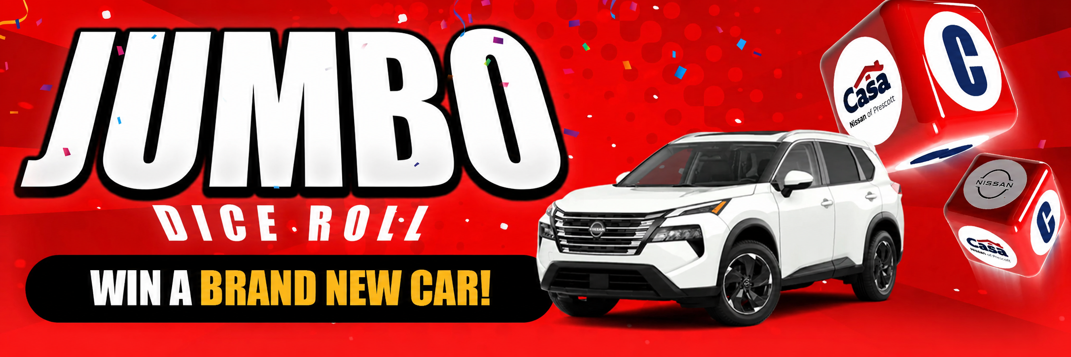 Exciting promotional banner with 'Jumbo Dice Roll' in bold letters. A white SUV is displayed on a red background. Text reads 'Win a brand new car!' with colorful dice and confetti, conveying a festive and optimistic tone.